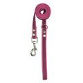 Pink dog leash with metal clip on a white background
