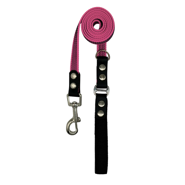 Pink dog leash with flex handle and sliver hook on a white background