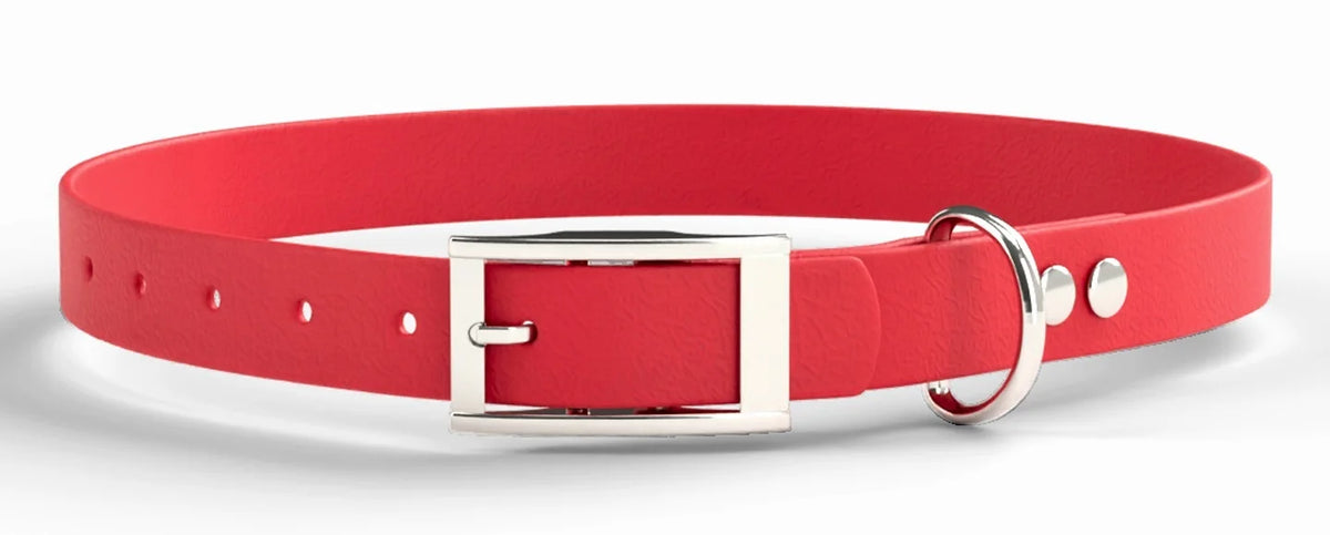 Collar MONO, Red heveder, Silver fémrészek, szögletes csat, D-gyűrű, Cap szegecsek, számozott alkatrészek