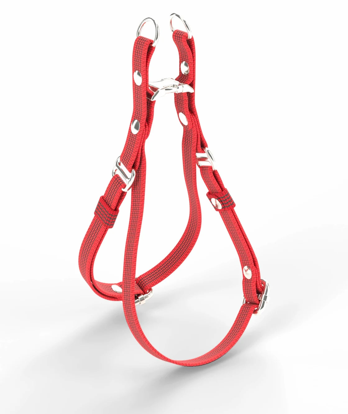Harness QUICK, Red heveder, Silver fémrészek, oldalsó kioldós csat, két D-gyűrű, kétnyílású összekötők, Type 1 állítócsúszkák, hevederbújtatók, Cap szegecsek, számozott alkatrészek