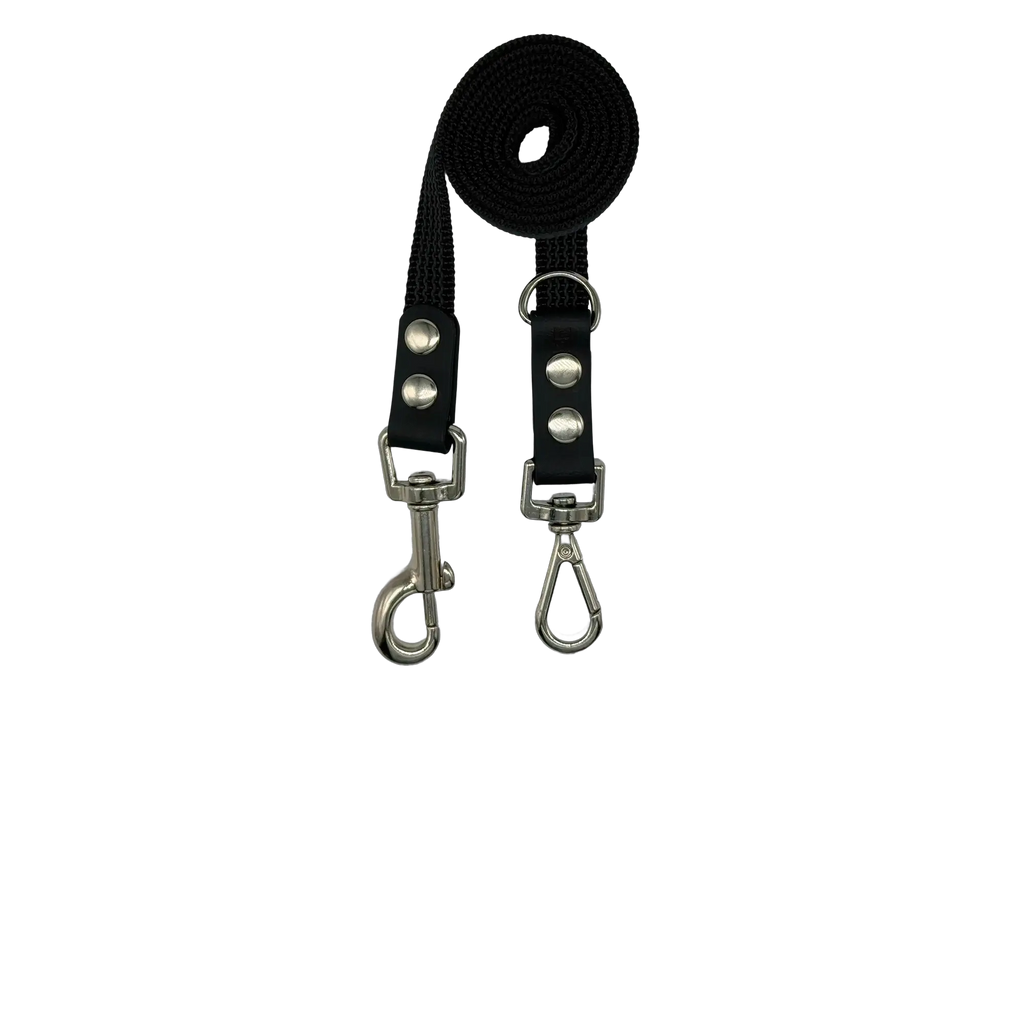 Black strap with metal clasps on a white background