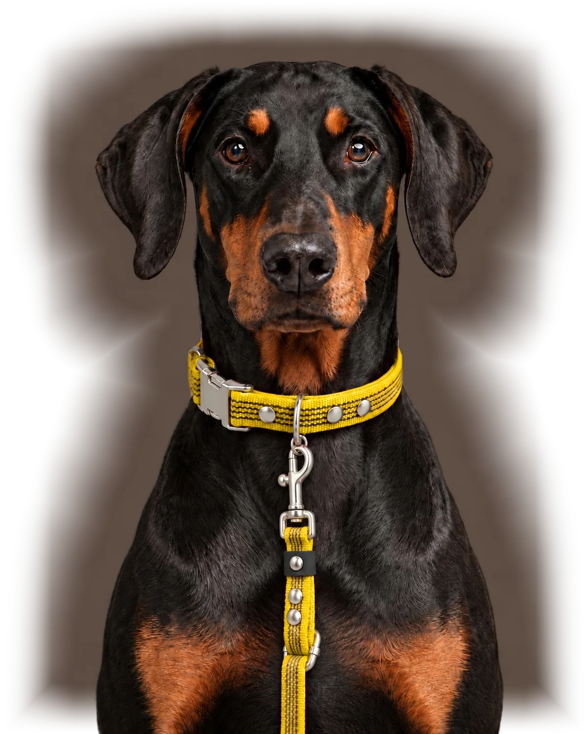 Dobermann sárga Collar QUICK nyakörvvel és Leash FLEX pórázzal